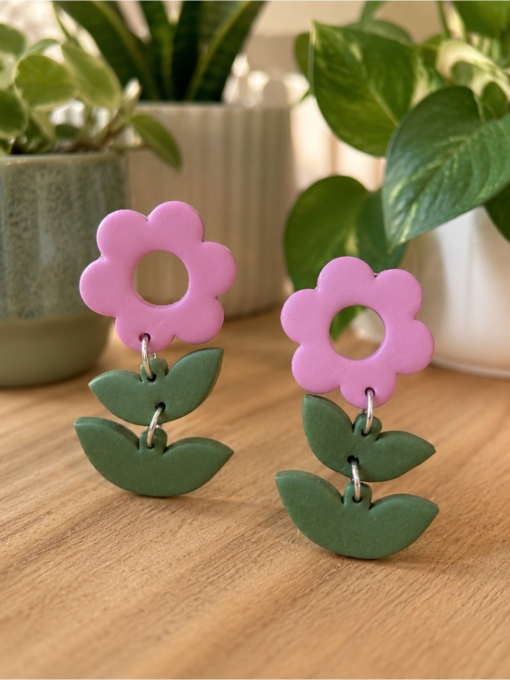 Pink Flower & Green Leaf Handmade Polymer Clay Earrings